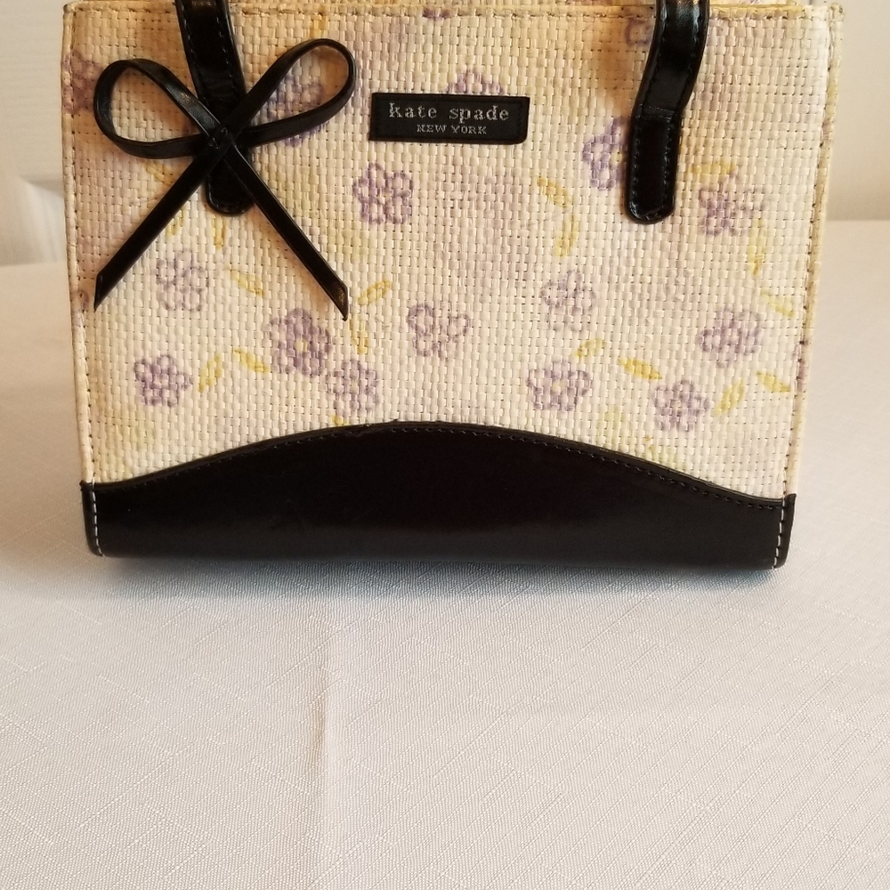 Kate Spade Small Straw Purse Cream/Purple With Black Trim 8" W X 6.5" H X 3" D